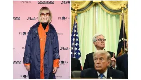 En kvinne i solbriller og en oransje jakke står foran et rosa bakteppe med eventmerking. To menn i dress står i et rom med amerikanske flagg.