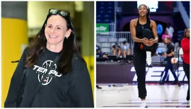 En smilende kvinne iført en svart "Team Rubicon" t-skjorte, og en kvinne i atletisk tøy som står på en basketballbane.