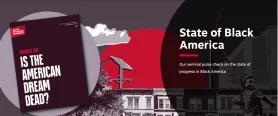 En bok med tittelen "America 250: Is the American Dream Dead?" mot et bakteppe av en rød sol, en statue og en bygning.