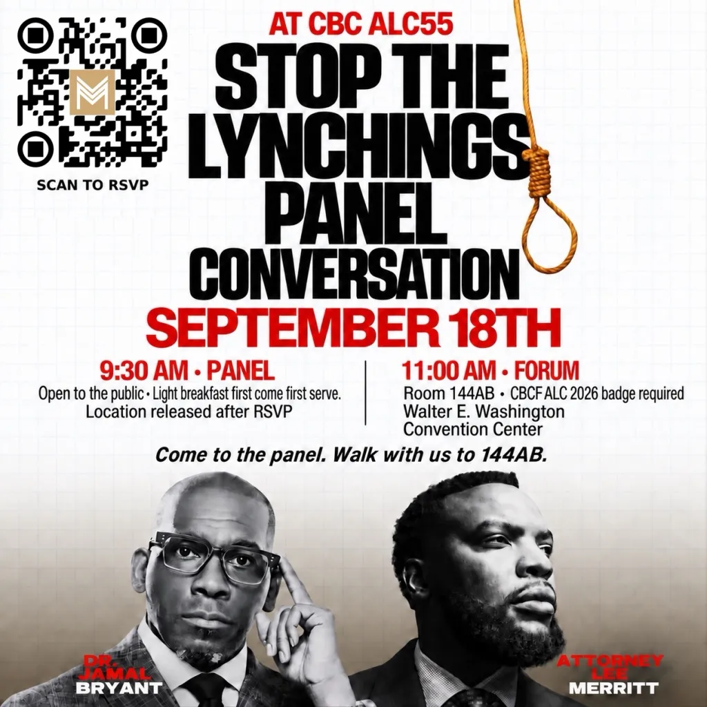 Kampanjebilde for en "Stop the Lynchings"-paneldiskusjon på CBC ALC 18. september, med Jamal Bryant og Lee Merritt.